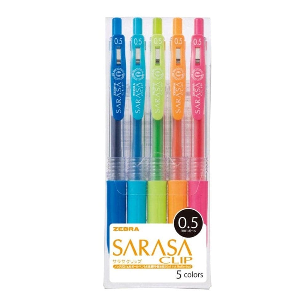 Zebra Sarasa Clip Gel Retractable Pen in a 5-pack featuring blue, light blue, green, orange, and pink pens with fast-drying, waterproof ink.